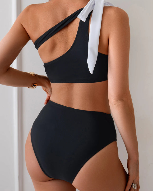 Women’s One-Shoulder Ruffle Bikini with High Waist and Padded Top