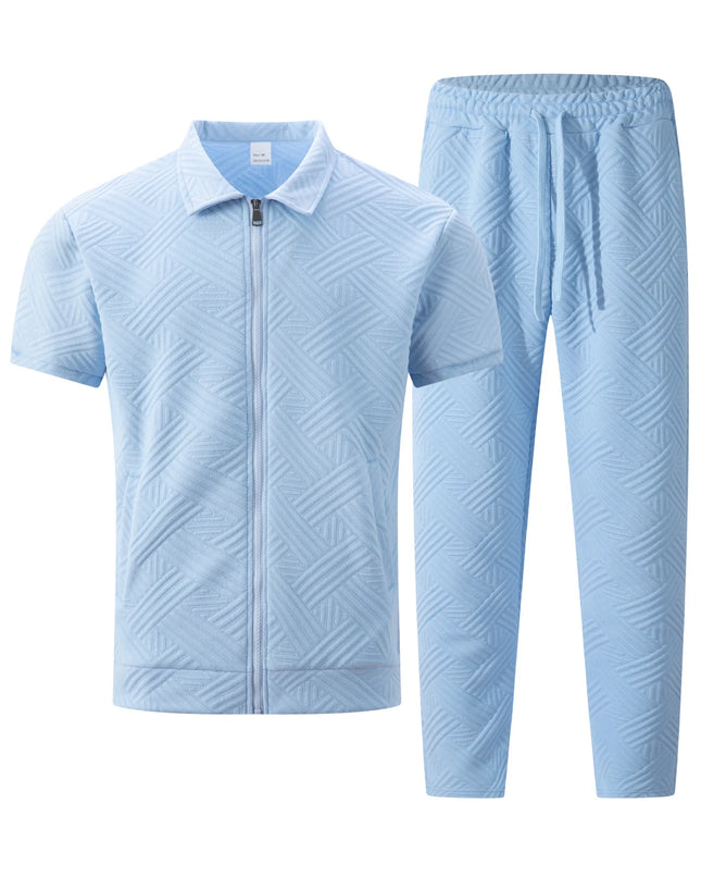 Men's Jacquard 2-Piece Short Sleeve Shirt and Pants Set with Turn-Down Collar and Zip Closure