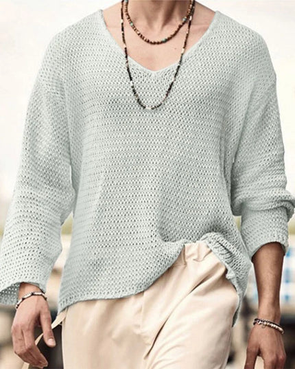 Men's Knit V-Neck Long Sleeve Hollow Out Loose Fit Sweater