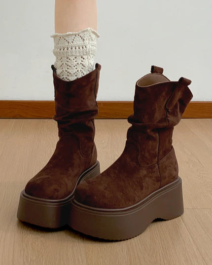 Chunky Platform Ankle Boots for Women - Thick Sole, Round Toe, Slip-On Design
