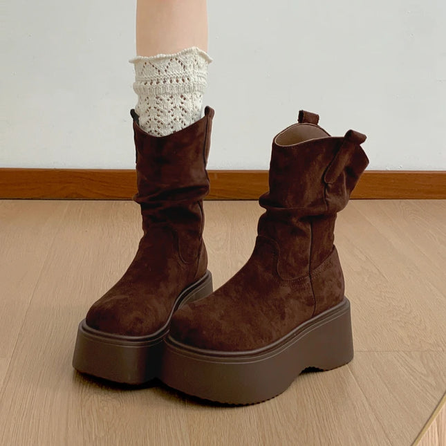 Chunky Platform Ankle Boots for Women - Thick Sole, Round Toe, Slip-On Design