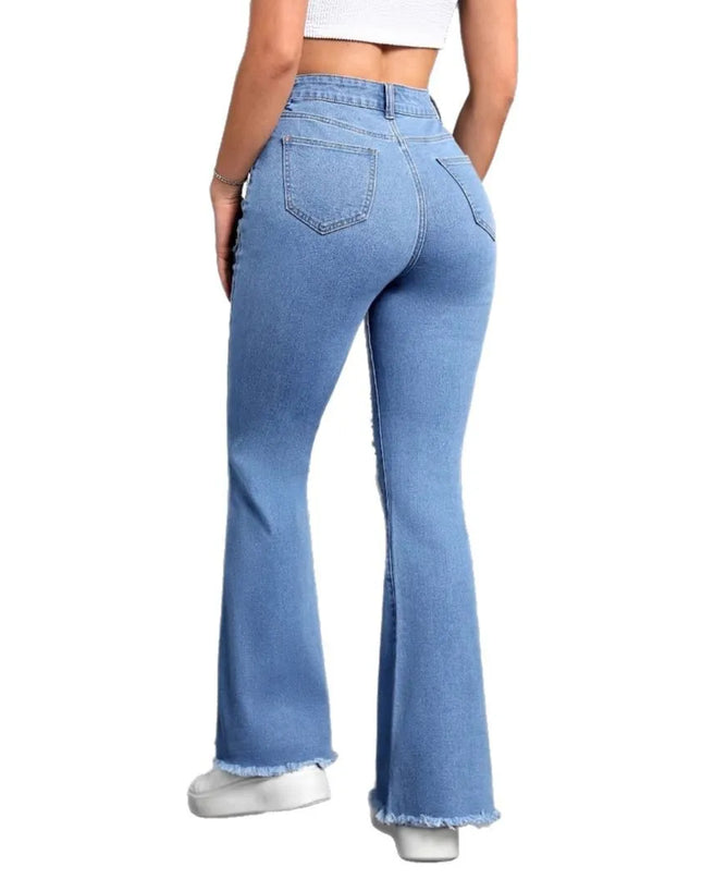 Women's Flared Pants - Hole Design, Boot Cut, Distressed, High Waist, Stretch