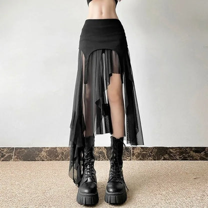 High-Waisted Irregular Mesh Skirt for Women - Ruffled, Slim Fit