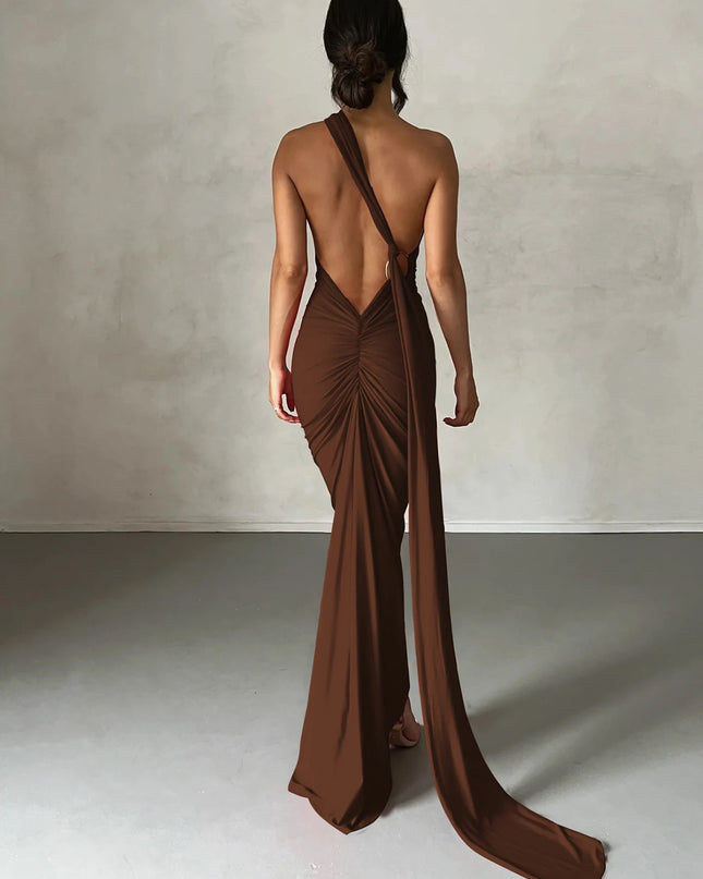 Hugcitar Adjustable Backless Ruched Dress with Single Shoulder and Scarf Loop for Women