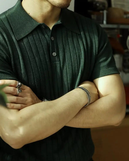 Men's Solid Zipper Knitted Polo Shirt with Lapel