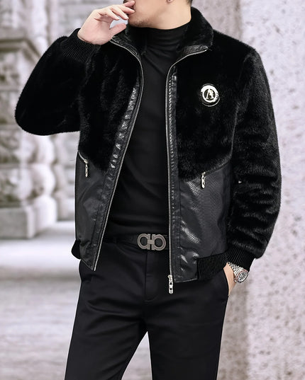 Men's Faux Fur-Spliced Pu Leather Jacket with Stand-Up Collar