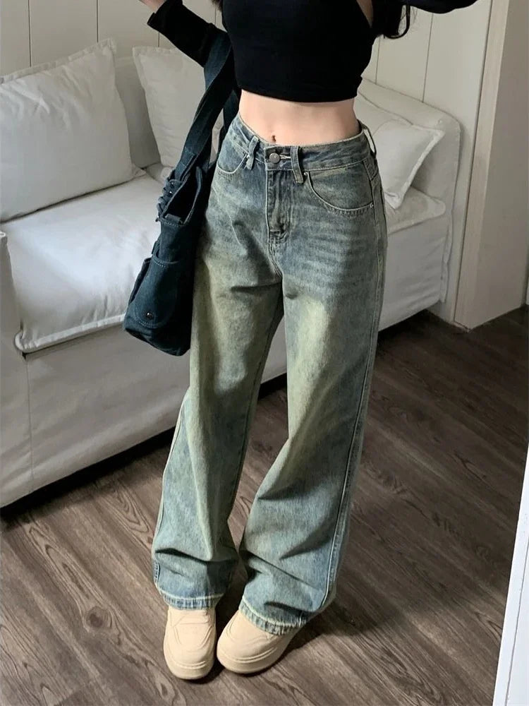 Vintage Washed Denim Baggy Wide Leg Jeans for Women