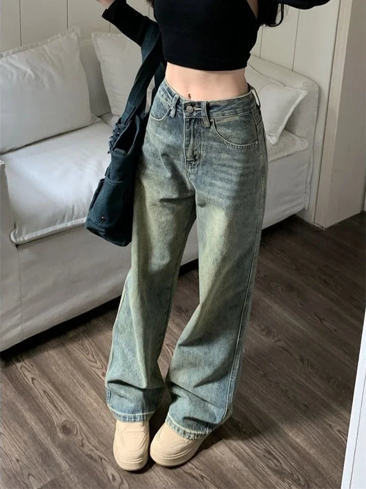 Vintage Washed Denim Baggy Wide Leg Jeans for Women