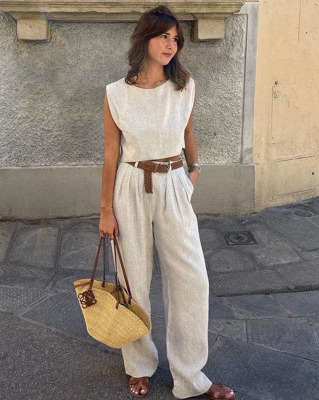 Women's Cotton Linen Two-Piece Vest and Pants Set