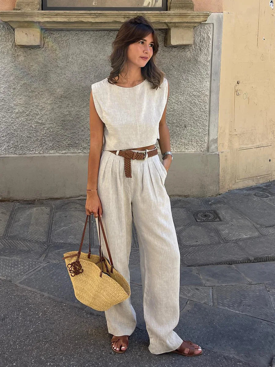 Women's Cotton Linen Two-Piece Vest and Pants Set