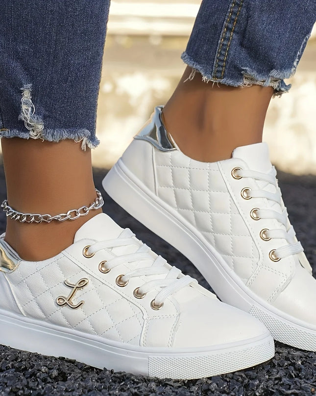 Women's Lightweight Sneakers with Gold Embellishments - Lace-Up Style