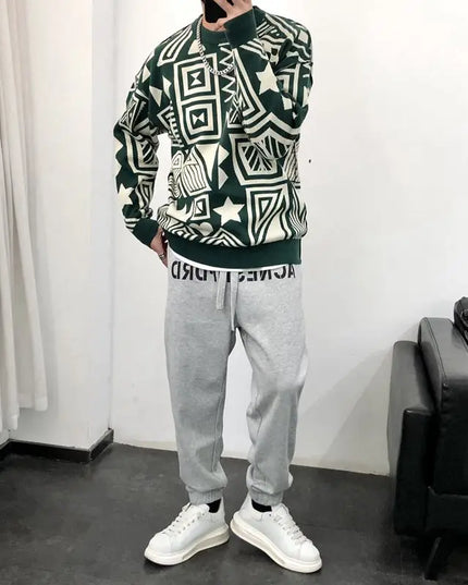 Men's Casual Printed Chao Pai All-Match O-Neck Sweater Tops