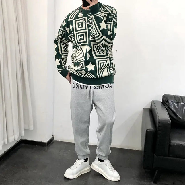 Men's Casual Printed Chao Pai All-Match O-Neck Sweater Tops