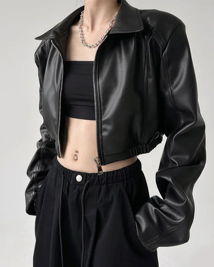 Women's PU Leather Lapel Jacket with Long Sleeves, Crop Style, Zipper Closure