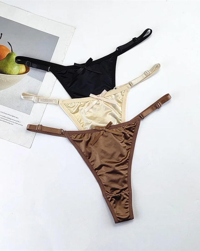 3-Piece Pink Satin Thong Set for Women - Adjustable Low Waist, Comfortable Silk Lace Underwear