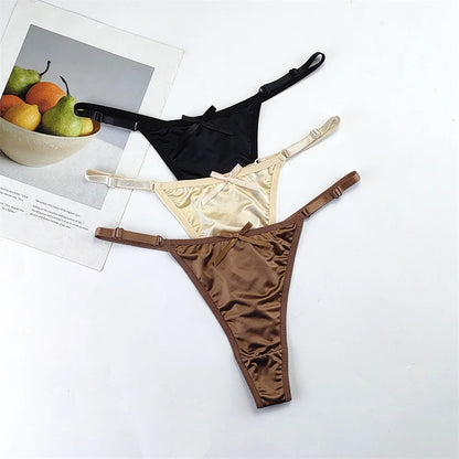 3-Piece Pink Satin Thong Set for Women - Adjustable Low Waist, Comfortable Silk Lace Underwear