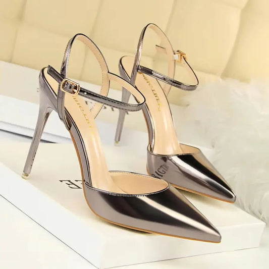 faux Leather Shallow Women Sandals Pointed Toe Fashion Buckle High Heels Shoes Women's Dress Shoes Thin Heels