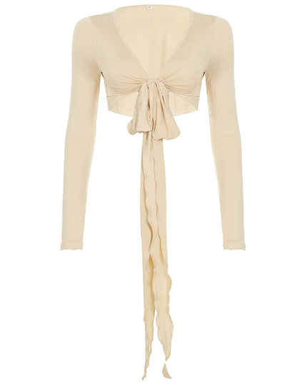 Slim Lace-Up V-Neck Crop Top with Long Sleeves