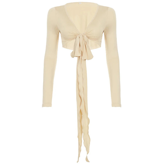Slim Lace-Up V-Neck Crop Top with Long Sleeves