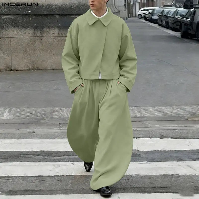 INCERUN Men’s Two-Piece Set: Lapel Long Sleeve Flared Shirt & Flared Pants
