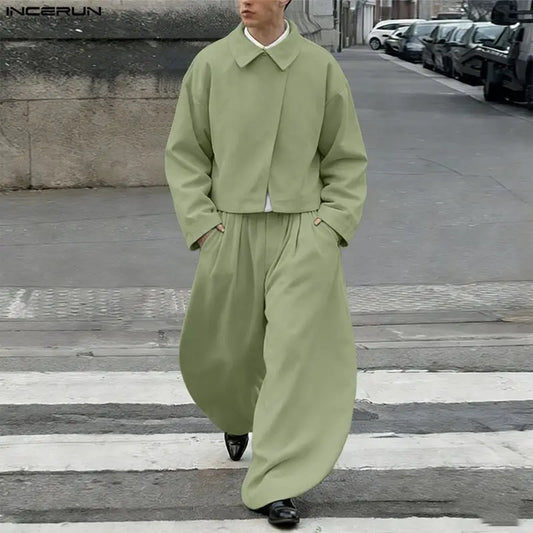 INCERUN Men’s Two-Piece Set: Lapel Long Sleeve Flared Shirt & Flared Pants