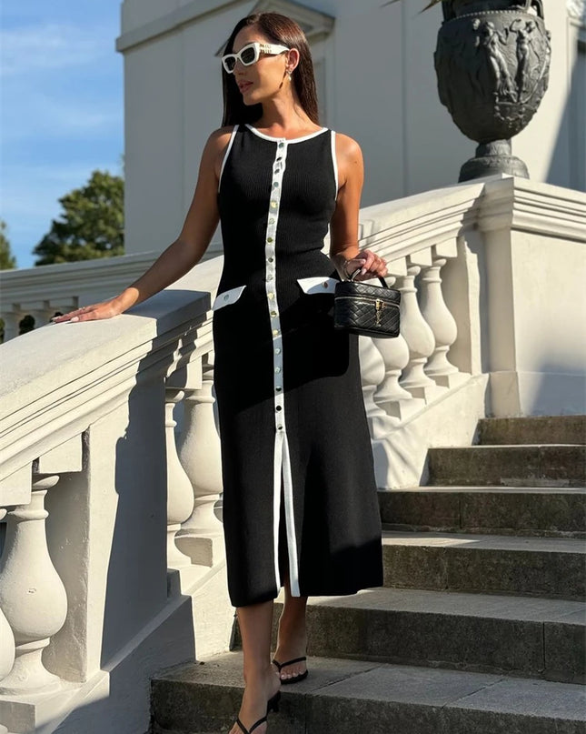 Women's Knit Ribbed Maxi Dress with High Waist, Slim Fit, and Pockets