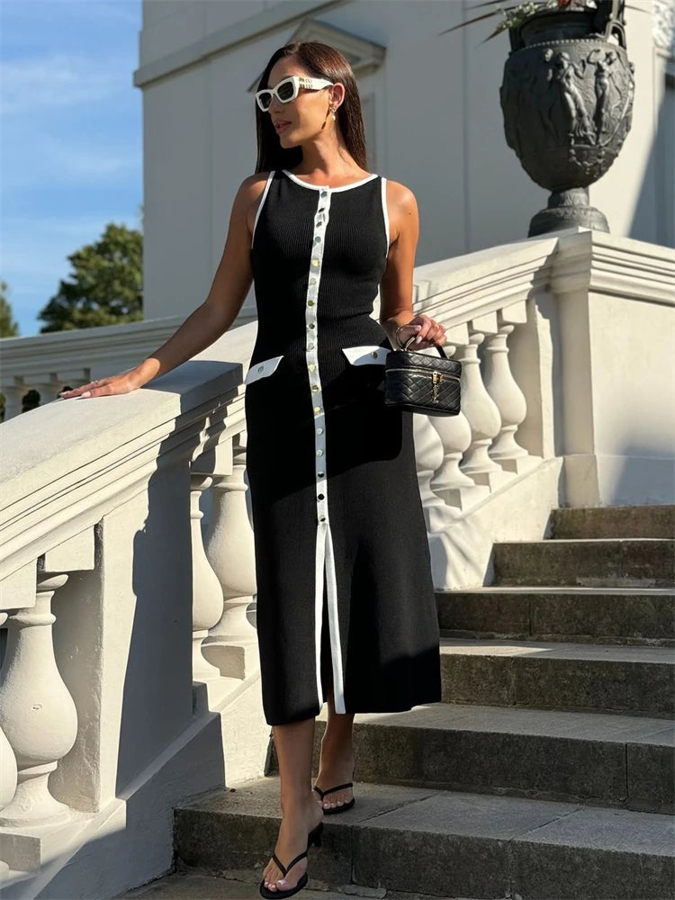 Women's Knit Ribbed Maxi Dress with High Waist, Slim Fit, and Pockets