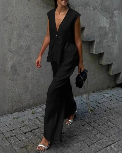 Women's 2-Piece V-Neck Backless Halter Lace-Up Vest with Straight Pants