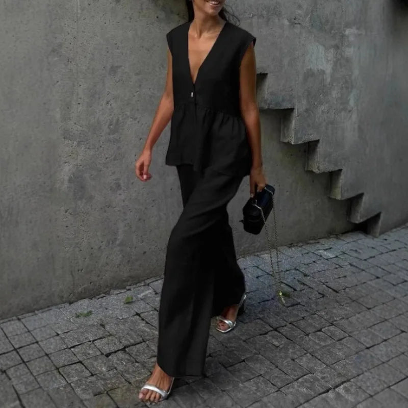 Women's 2-Piece V-Neck Backless Halter Lace-Up Vest with Straight Pants