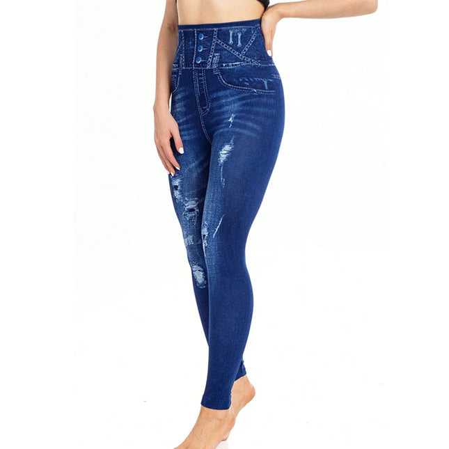 Women's Casual Faux Denim High-Waist Elastic Pants