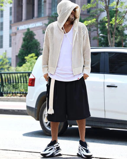 Men's Knitted Hooded Cardigan with Zipper, Hollow Out Design, Oversized Fit