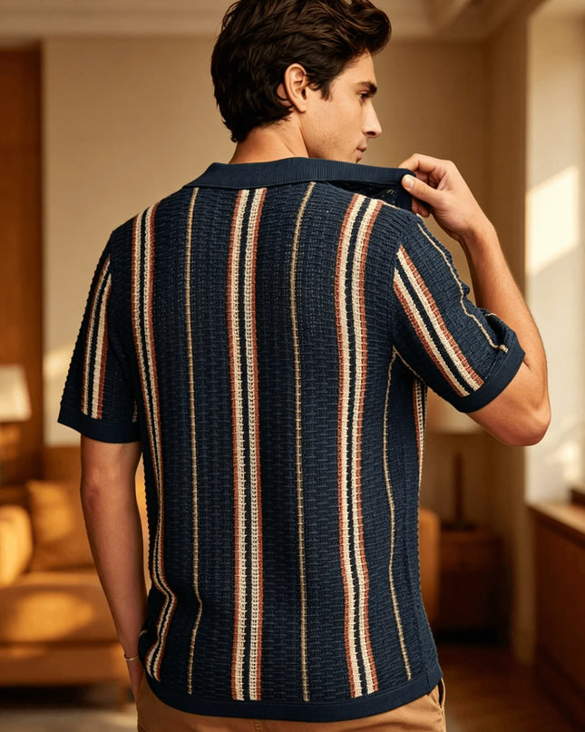 Men's Retro Style Striped Knit Polo Shirt - Casual Classic