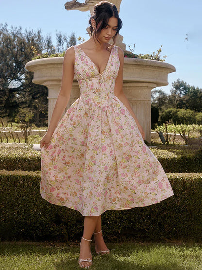 Women's Floral Print Sleeveless Bodycon Dress with Spaghetti Straps and Split