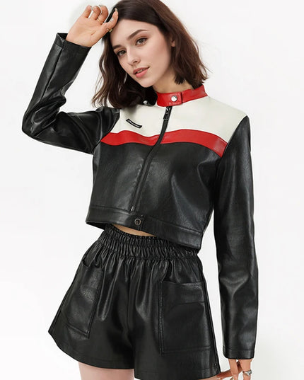 Women's Faux PU Leather Motorcycle Jacket with Zipper