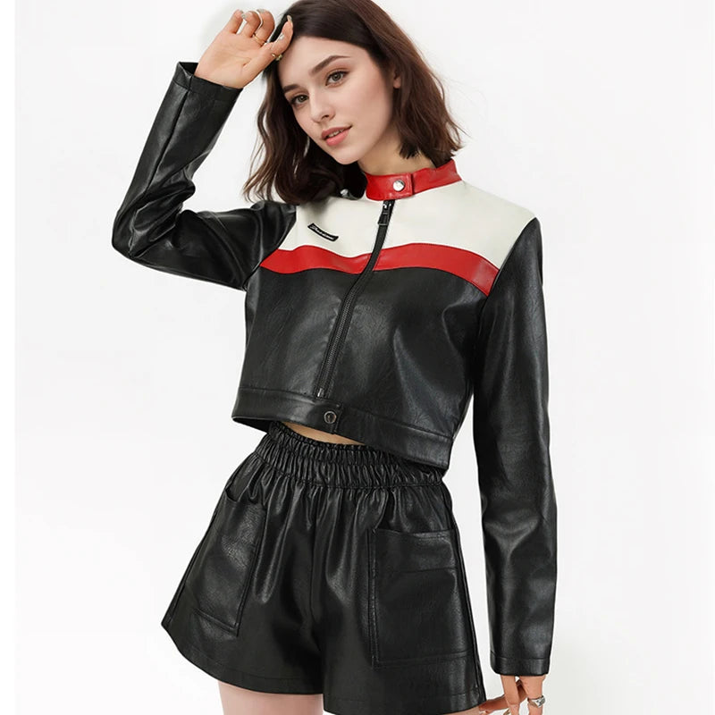 Women's Faux PU Leather Motorcycle Jacket with Zipper