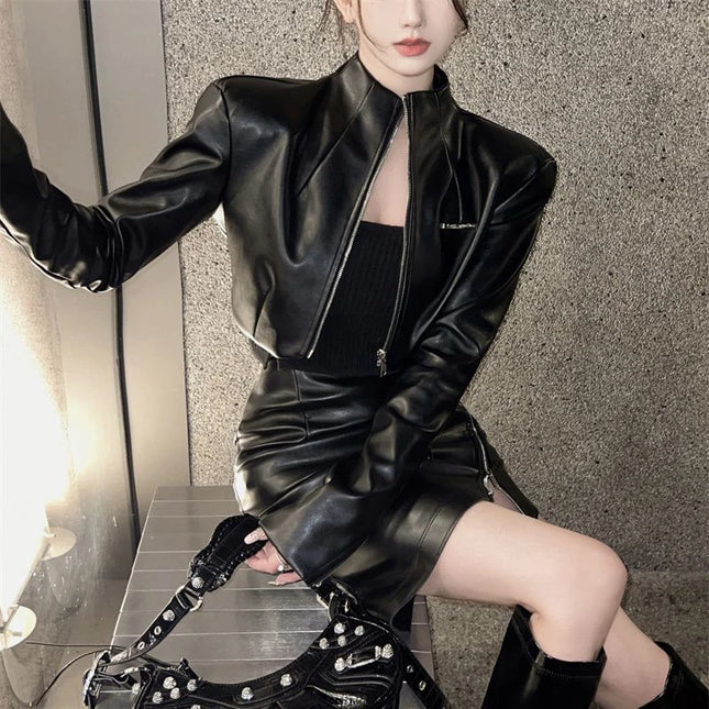 Women's Cropped PU Jacket with Zip - Stylish Leather Look Outerwear for Women