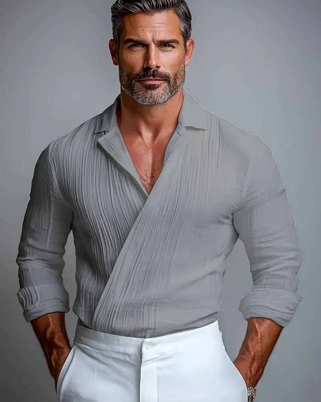 Men's Pleated Textured Long Sleeve Shirt with Lapel, Criss-Cross Design, and Breathable Fabric