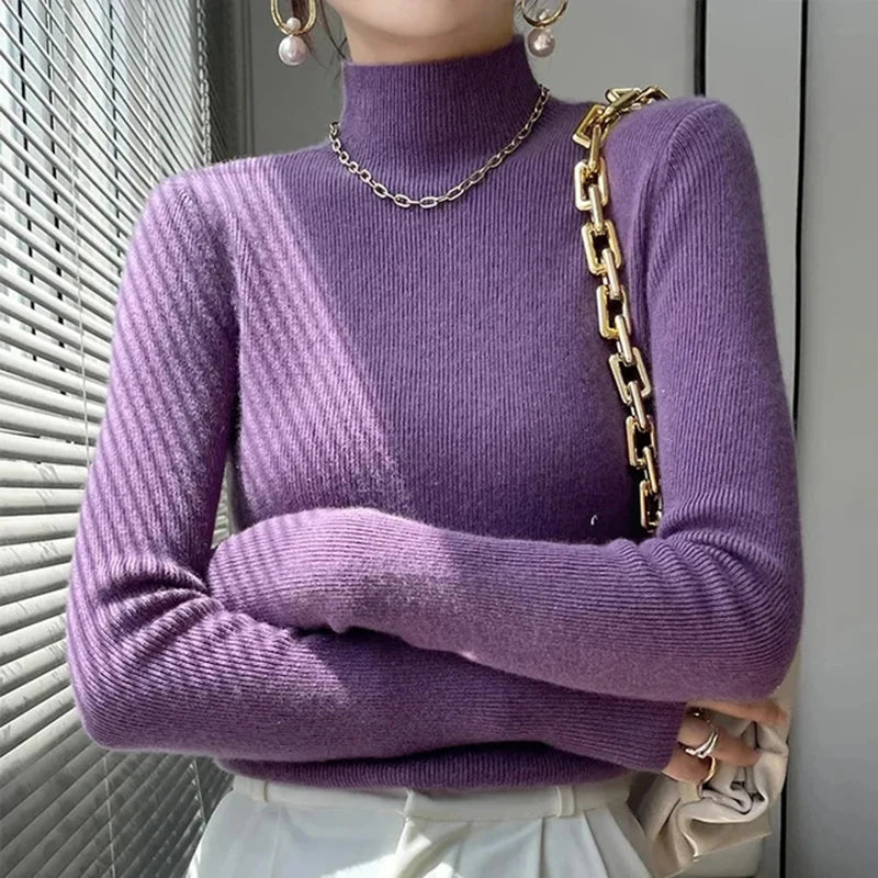 Ribbed Neck Sweater for Women - Fitted Knitted Pullovers