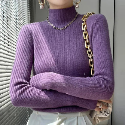 Ribbed Neck Sweater for Women - Fitted Knitted Pullovers