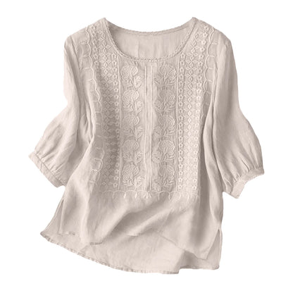 Women's Cotton Linen T Shirts Lace Crochet Embroidery Blouses Round Neck 3/4 Sleeve Casual Tops Thin Breathable Shirts Clothes