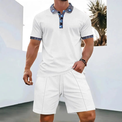 Men's Two-Piece Zip-Up Lapel T-Shirt and Shorts Set - Casual Summer Activewear