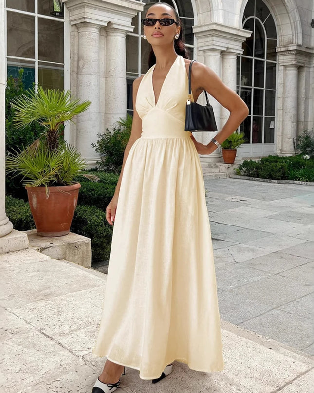 Women's V-Neck Long Cotton Camisole Dress with Waist Cinch