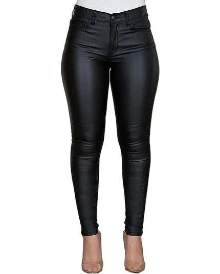 Women’s High-Waist Solid PU Leather Skinny Pants - Slim Fit & Stretch
