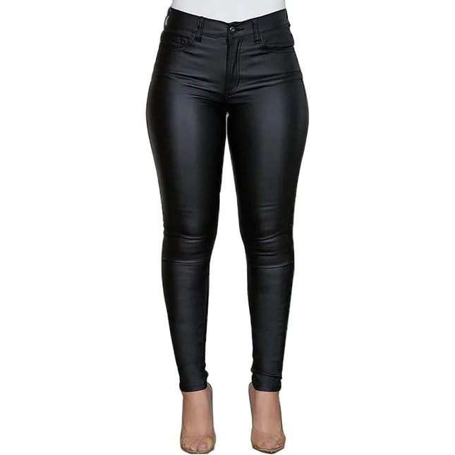 Women’s High-Waist Solid PU Leather Skinny Pants - Slim Fit & Stretch