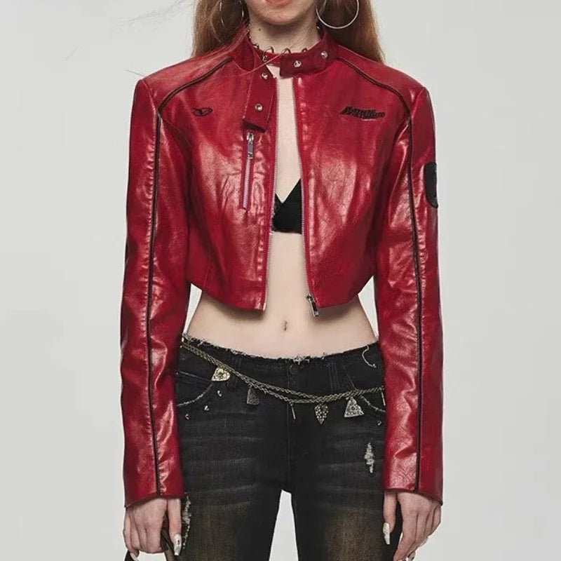 Women's PU Stand Collar Jacket with Zipper, Cropped & Slim Fit Design