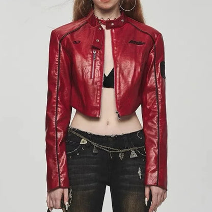 Women's PU Stand Collar Jacket with Zipper, Cropped & Slim Fit Design