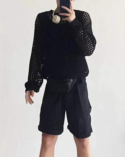Men’s Loose-Fit Hollow-Knit Sweater with Round Neck