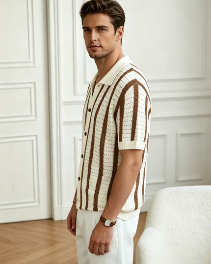 Men's Short Sleeve Striped Knit Polo Shirt - Button-Down Mesh Fabric