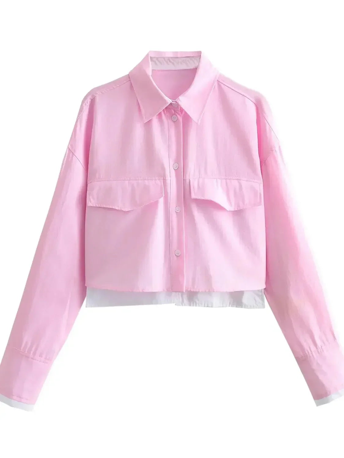 Women's Crop Blouse Shirt with Lapel, Long Sleeves, and Pocket