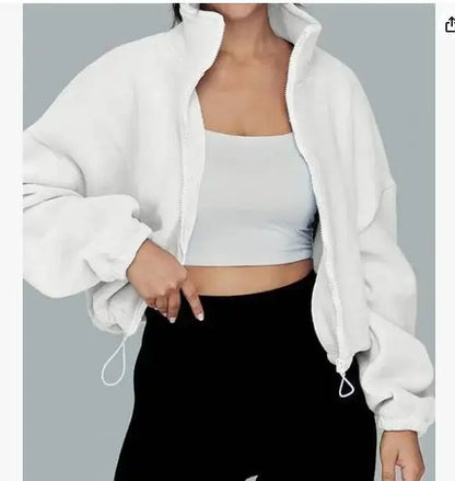 Women Crop Coat   Casual Fleece Jacket   With Stand Collar Loose Lined Outerwear